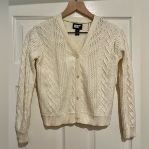 Lands' End Ivory Button Front Cable Cardigan Girls Size 8 Medium